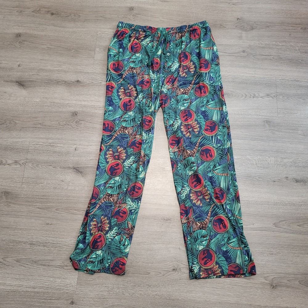 Jurassic Park Mens 2XL Pajama Pants Dinosaur Tropical Leaf Print Green Lounge